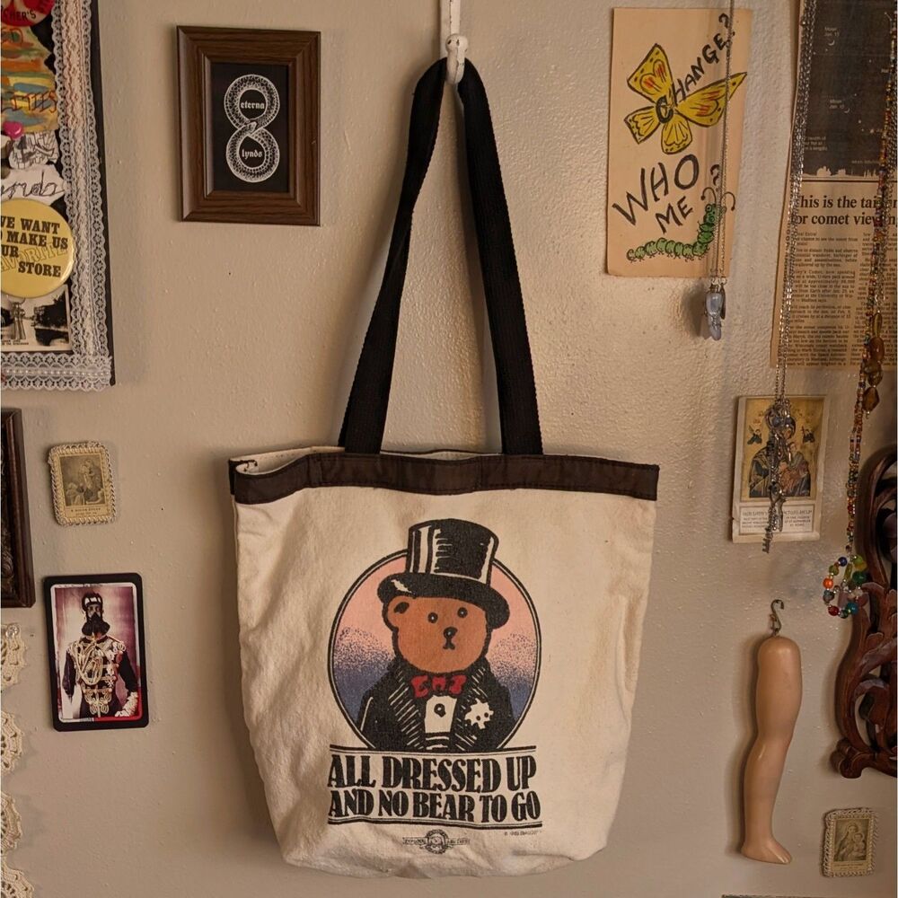 Vintage Teddy Bear Graphic Tote Bag Cream Brown